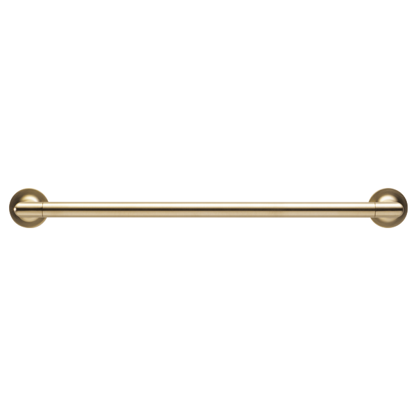 Brushed gold towel bar with circular end caps and straight horizontal rod.