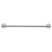 Stainless steel towel bar with circular wall mounts on each end.