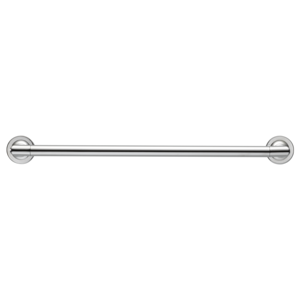 Stainless steel towel bar with circular wall mounts on each end.