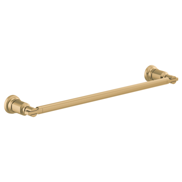 Brushed gold towel bar with cylindrical end mounts, 18 inches long.