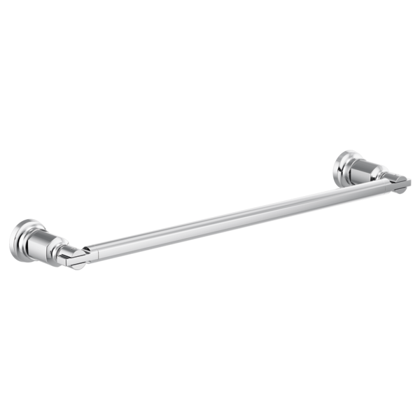 Chrome towel bar with cylindrical mounting brackets on each end.