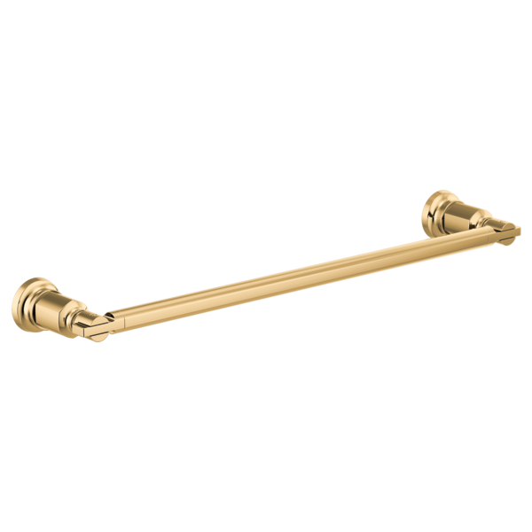 Brizo Invari 18" towel bar in polished gold with cylindrical wall-mounted brackets and straight horizontal rod.