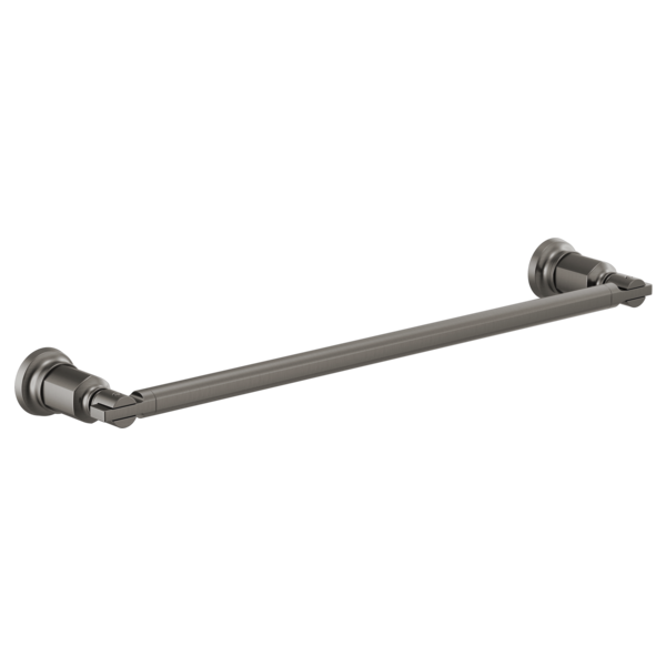 Gunmetal gray towel bar with cylindrical mounting brackets on each end.