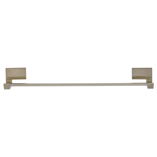 Brushed nickel towel bar with rectangular mounting brackets on each end.