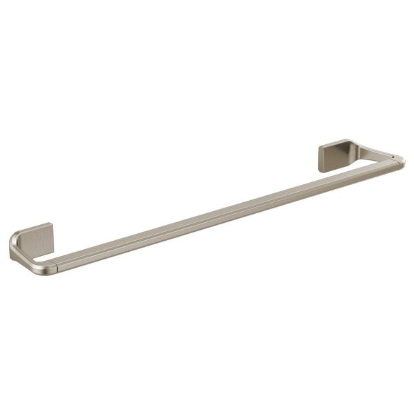 Brushed nickel towel bar with square mounting brackets on each end.