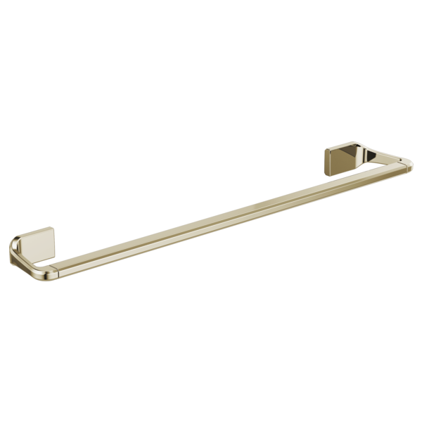 Polished brass towel bar with square mounting brackets on each end.