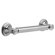 Chrome grab bar with round wall-mounted flanges and cylindrical handle, 12 inches long.