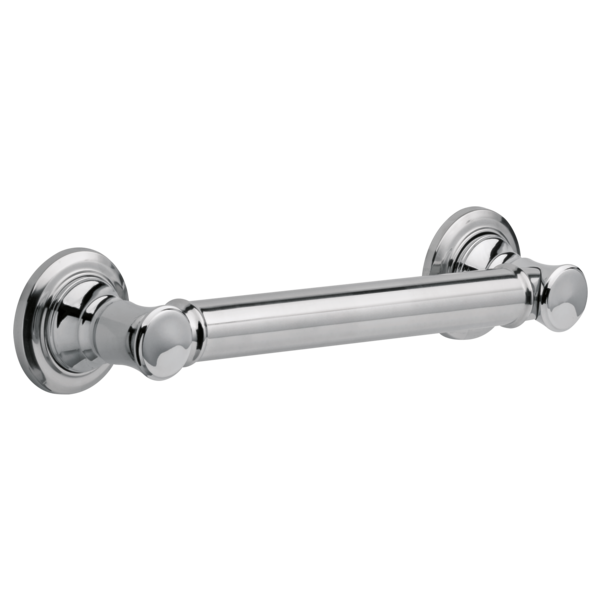 Chrome grab bar with round wall-mounted flanges and cylindrical handle, 12 inches long.