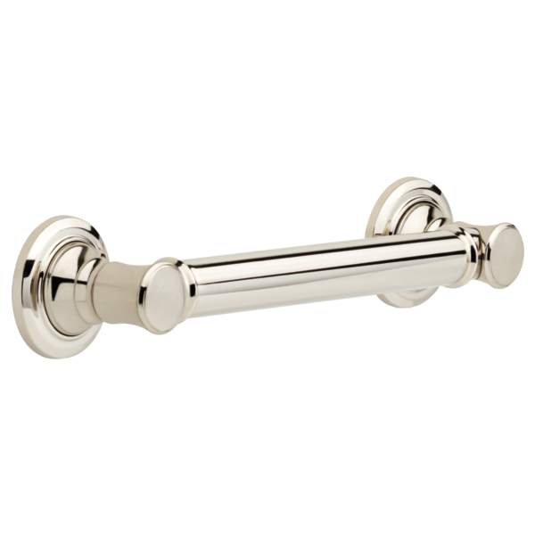 Polished nickel grab bar with circular wall-mounted flanges and cylindrical handle, 12 inches long.