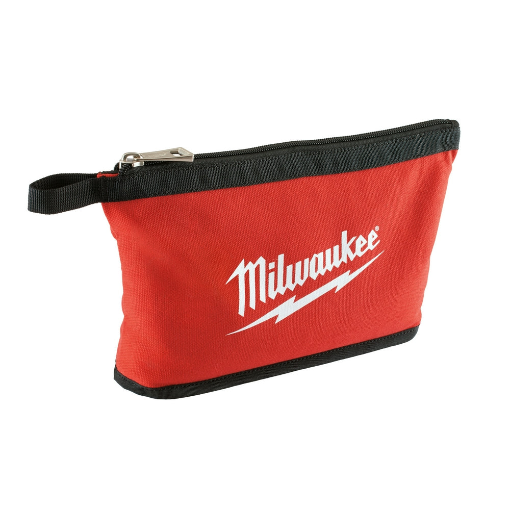Red zipper pouch with black trim, carrying strap, and white Milwaukee logo.