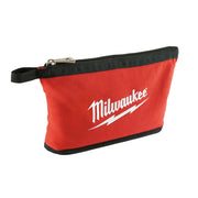 Red zipper pouch with black trim, carrying strap, and white Milwaukee logo.