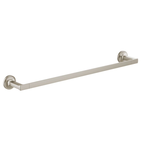 Brushed nickel towel bar with cylindrical mounting brackets on each end.