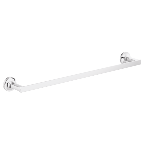 Chrome and white metal towel bar with circular wall mounts on each end.