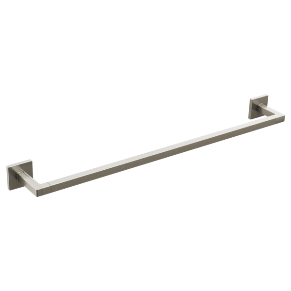 Brushed nickel 24-inch towel bar with geometric square wall mounts on each end.