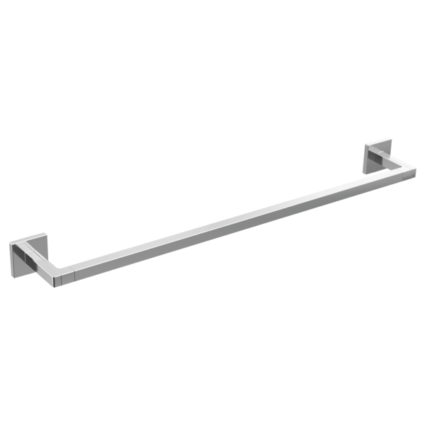 Chrome 24-inch towel bar with angular geometric wall-mounted brackets.