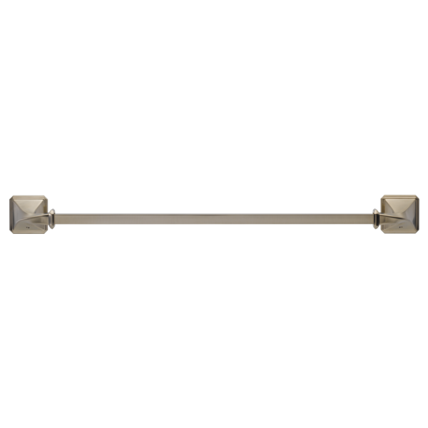 Brushed nickel towel bar with squared mounting brackets on each end.