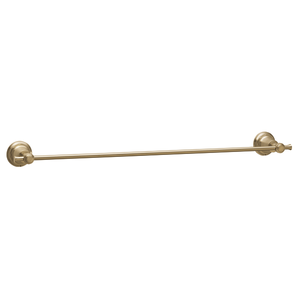 Brushed brass towel bar with circular mounting plates at each end and a straight horizontal rod.