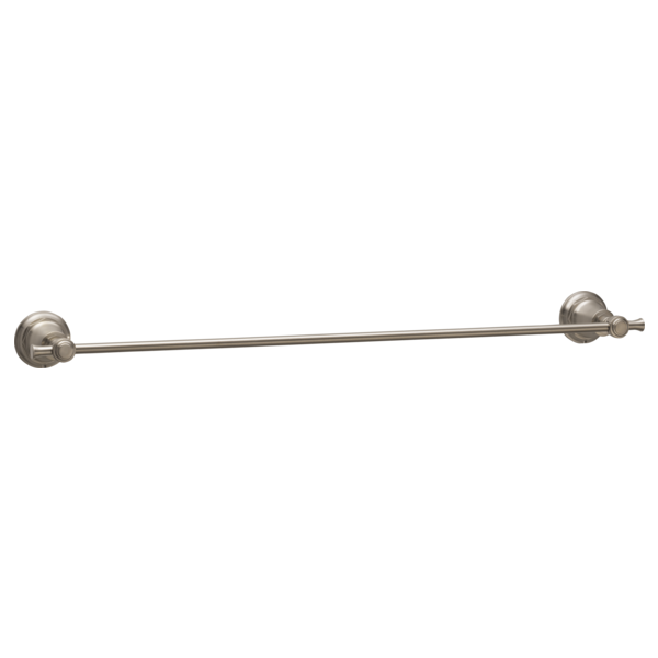 Brushed nickel towel bar with circular wall-mounted brackets on each end.