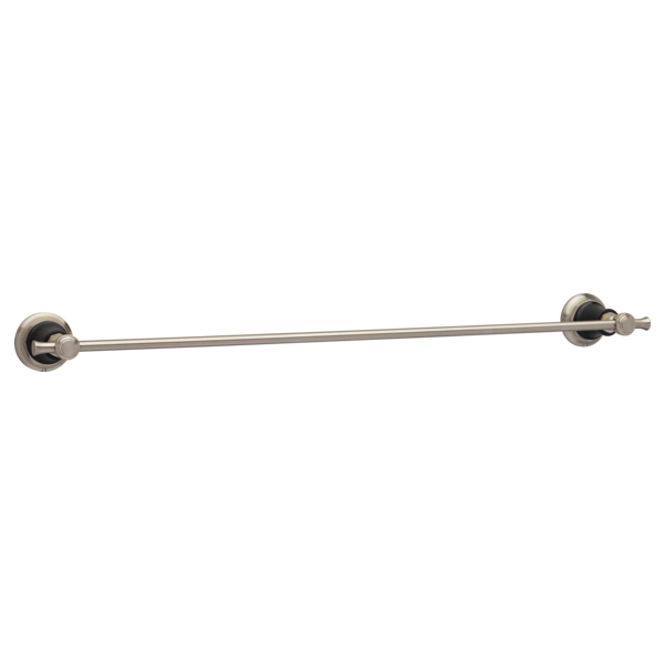 Brushed nickel towel bar with circular wall-mounted brackets and horizontal rod.