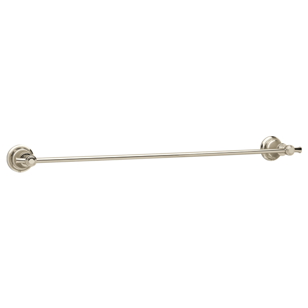Brushed nickel towel bar with decorative circular wall mounts on each end.