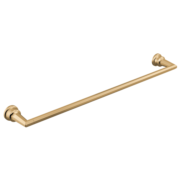 Polished gold towel bar with cylindrical wall mounts at each end.