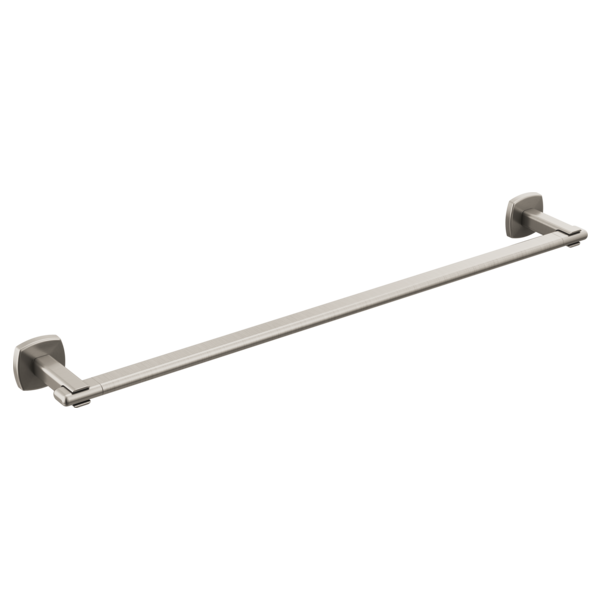 Brushed nickel towel bar with square wall-mounted brackets on each end.