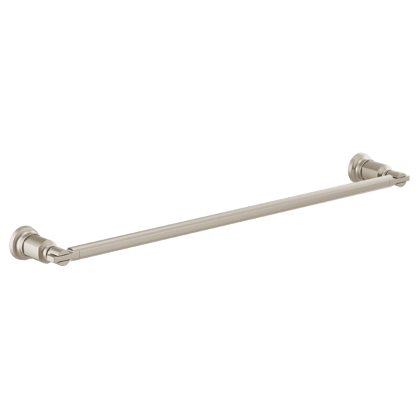 Brushed nickel towel bar with decorative cylindrical end caps mounted horizontally.