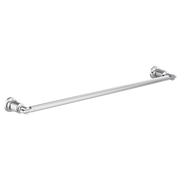 Chrome towel bar with cylindrical end brackets mounted horizontally.