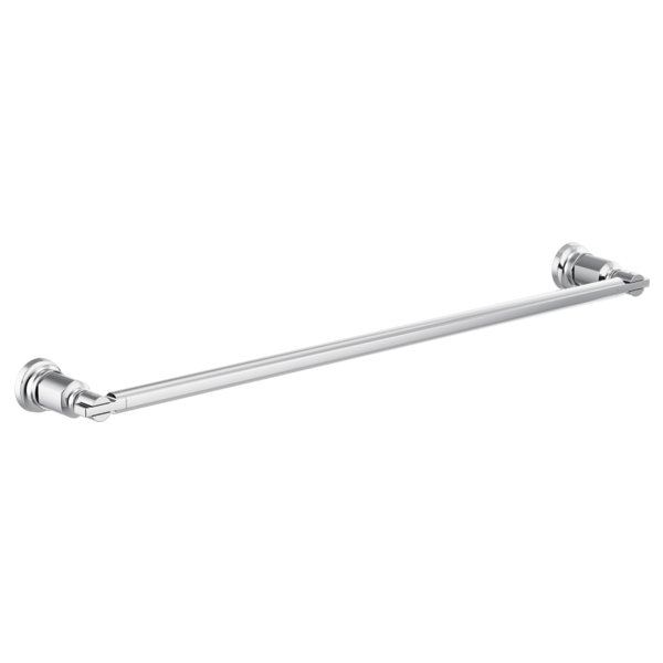 Chrome towel bar with cylindrical end brackets mounted horizontally.