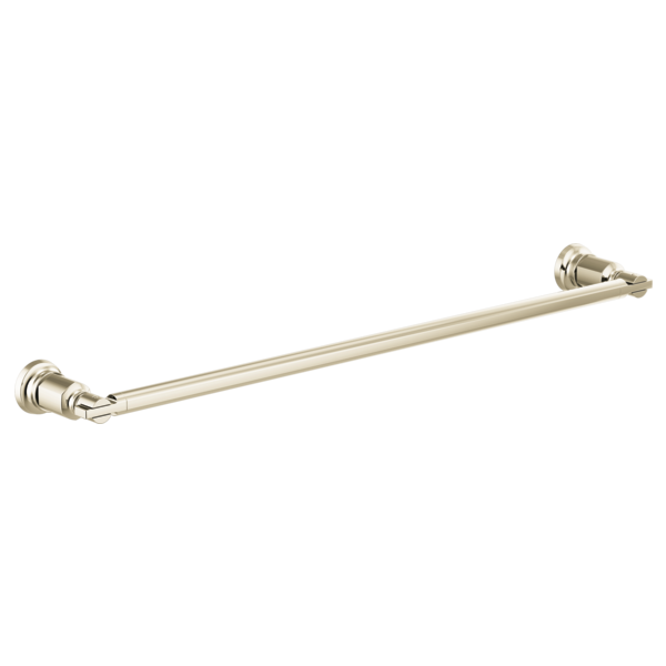 Polished nickel towel bar with cylindrical rod and decorative wall-mounted end brackets.