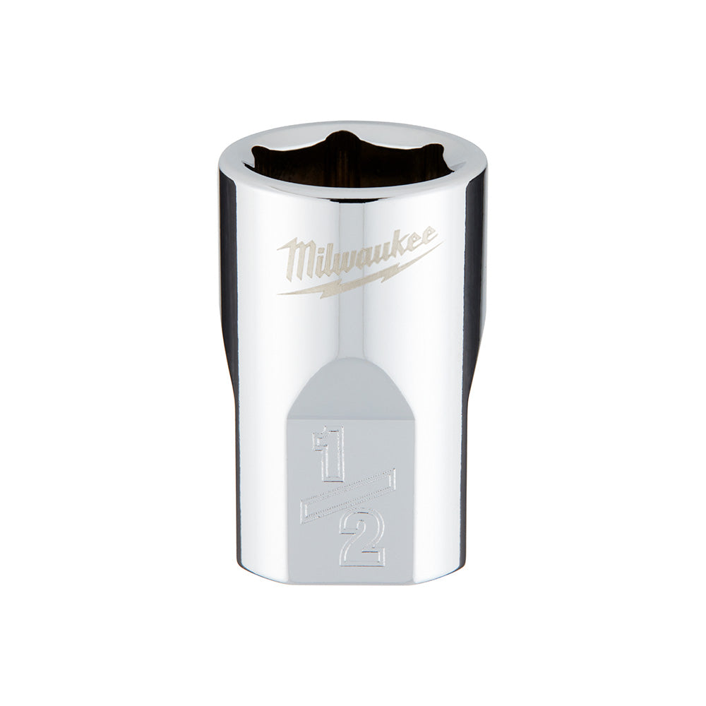 Milwaukee polished chrome 1/2 in. SAE 6-point socket with 3/8 in. drive opening.