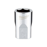 Milwaukee polished chrome 1/2 in. SAE 6-point socket with 3/8 in. drive opening.