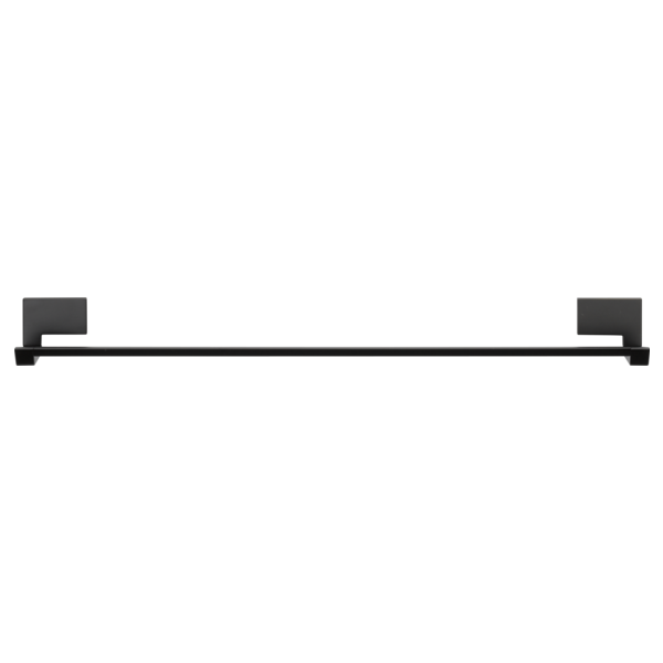 Black metal towel bar with rectangular end mounts on white background.