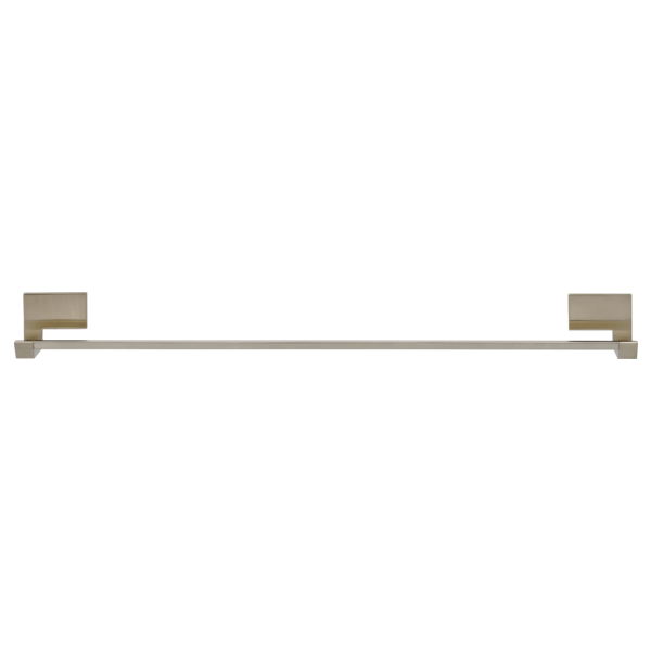 Brushed nickel towel bar with square mounting brackets on each end.