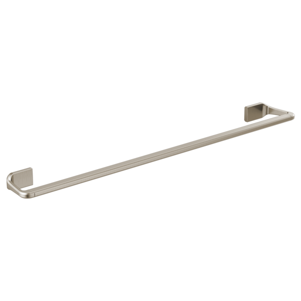 Brushed nickel towel bar with square mounting brackets on each end.