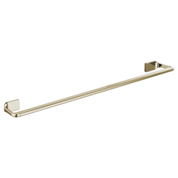 Polished brass towel bar with square wall-mounted brackets on each end.