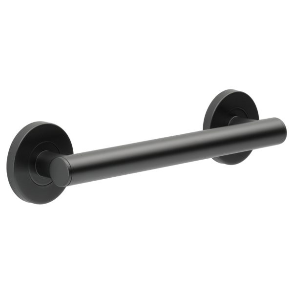 Black cylindrical grab bar with round mounting flanges on each end.