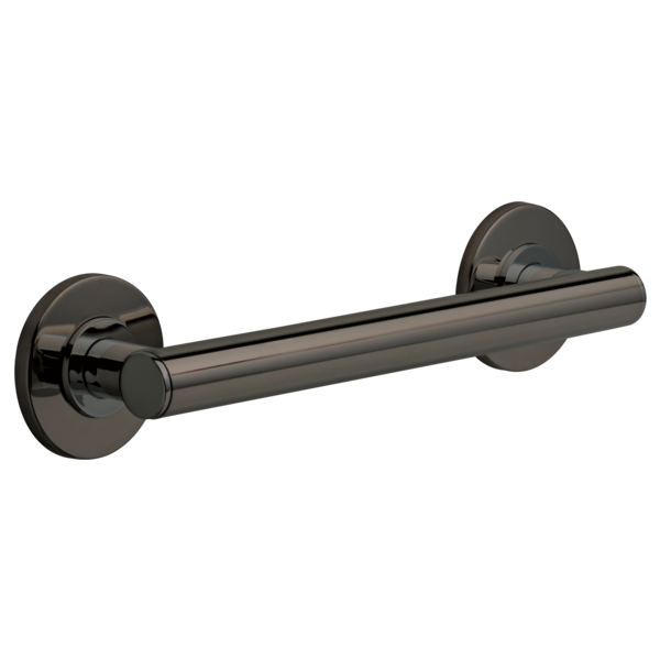 Chrome-finish cylindrical grab bar with round wall-mounted flanges on each end.
