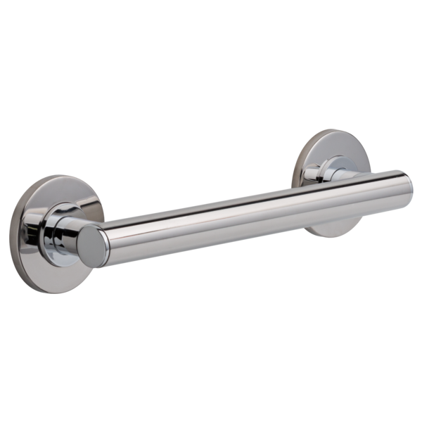 Polished chrome linear grab bar with round mounting flanges on each end.