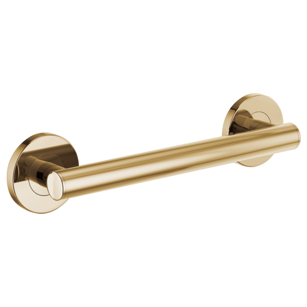 Polished brass-finished cylindrical grab bar with round mounting flanges on both ends.