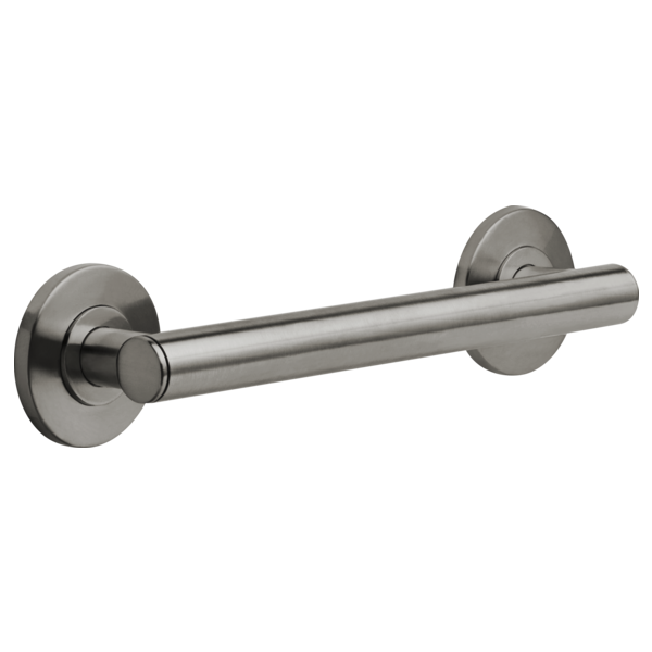 Stainless steel round grab bar with circular mounting flanges on each end, 12 inches long.