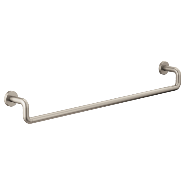 Brushed nickel towel bar with curved cylindrical rod and round wall-mounted end caps.