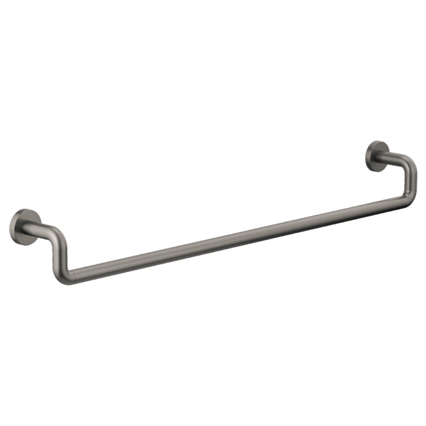Brushed nickel curved towel bar with circular wall-mounted brackets at each end.
