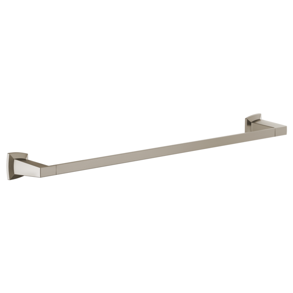 Brushed nickel towel bar with square mounting brackets on white background.