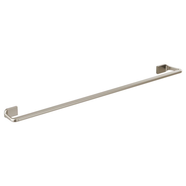Brushed nickel towel bar with square mounting brackets at each end.
