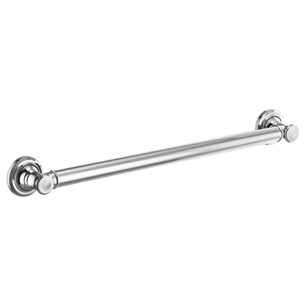 Chrome grab bar with circular wall-mounted flanges on each end.
