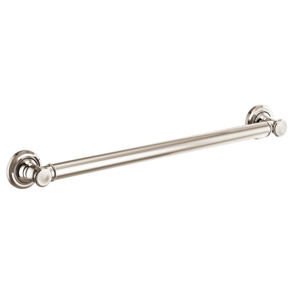 Polished nickel grab bar with decorative circular flanges at each end, mounted horizontally.