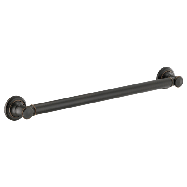 Bronze grab bar with round mounting flanges on each end, 24 inches long.