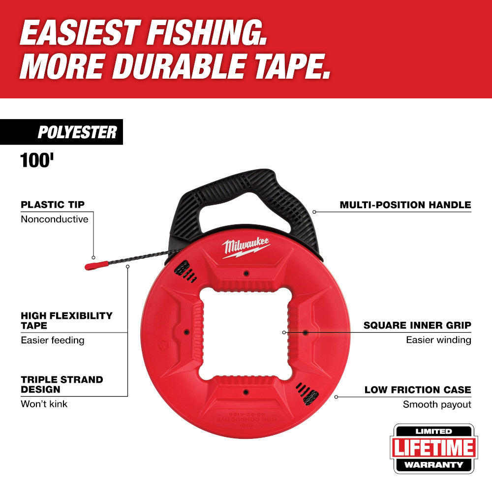 Red Milwaukee fish tape reel with black handle, non-conductive plastic tip, and 100 feet of polyester tape.