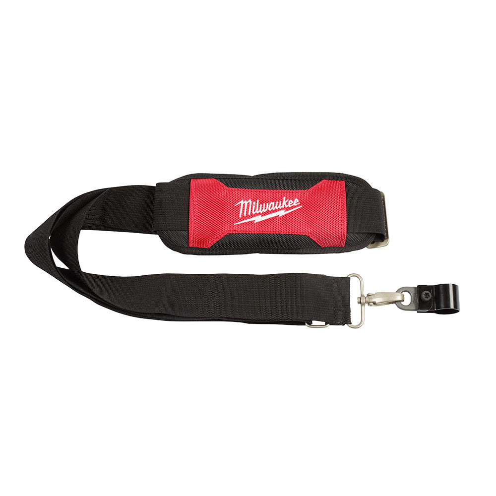 Black and red Milwaukee shoulder strap with padded red center panel and metal attachment clip.